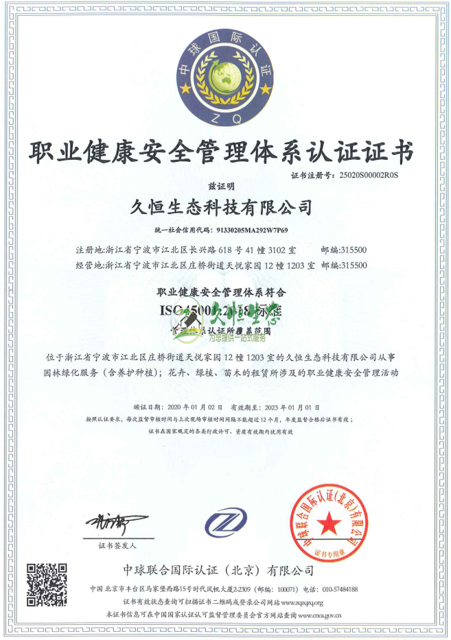 杭州滨江职业健康安全管理体系ISO45001证书